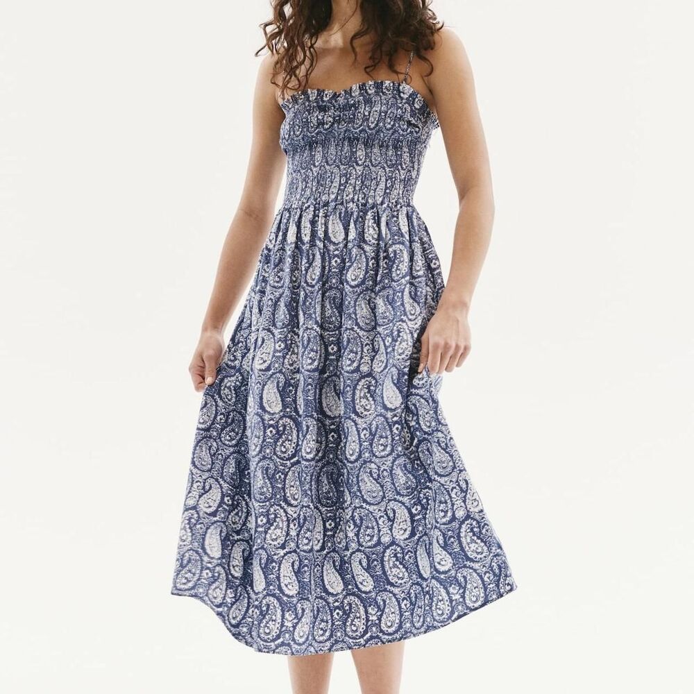 Blue and White Paisley Floral Cotton Sun Dress Fit and Flare Size XS/S